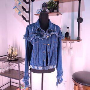 Dark blue denim jacket with fringe details size XL